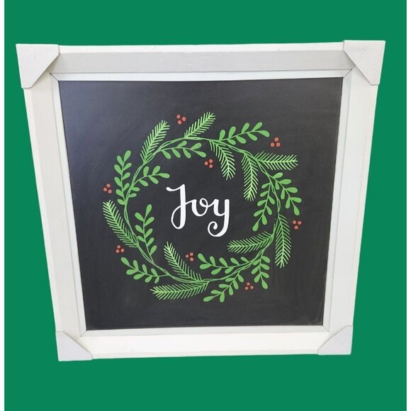 Joy Wreath Sign 22x22 inches Handmade. Chalkboard background with white frame. - Picture 2 of 4